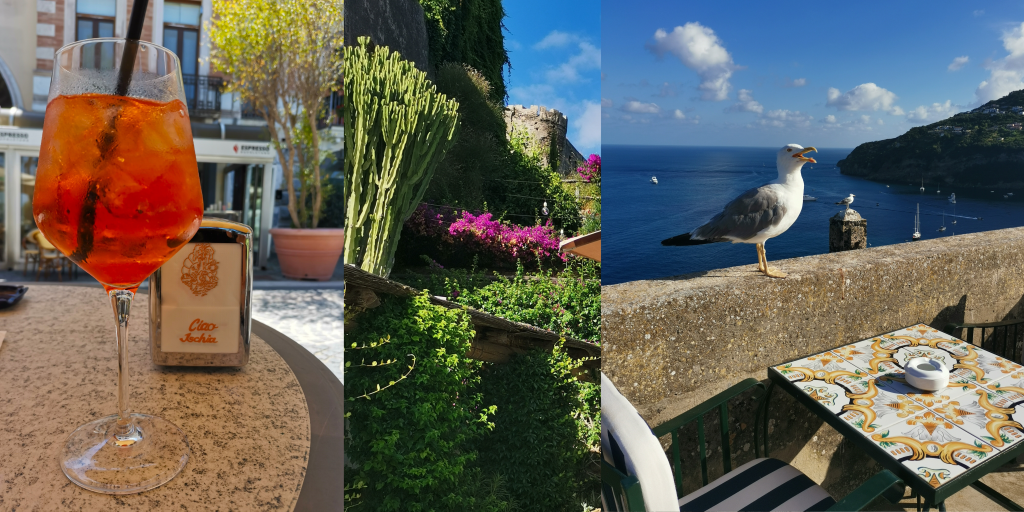 Aperol Spritz at Bar Calise in Camicciola Terme and Castello Aragonese in Ischia island, Italy