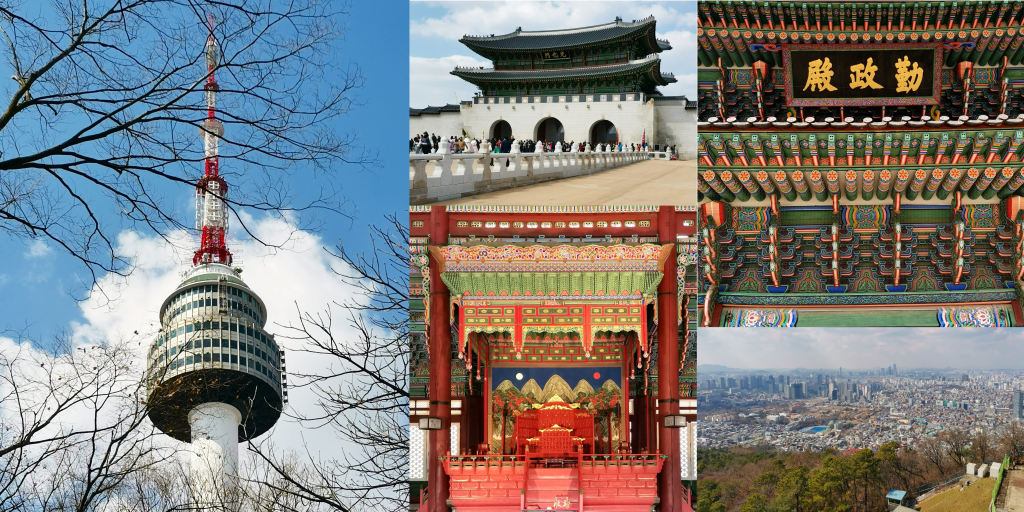 Seoul, South Korea: Namsan tower (left), Gyeongbokgung Palace (middle and top right), View from Namsan tower (bottom right)