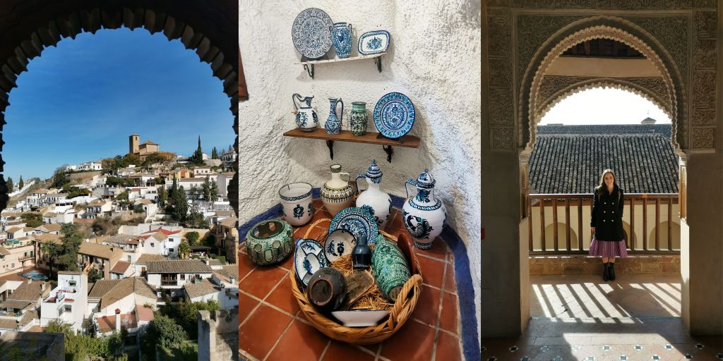 View from Palacio de Dar al-Horra (left), Potteries at the Sacromonte museum (middle), Me at Palacio de Dar al-Horra (right) in Granada, Spain