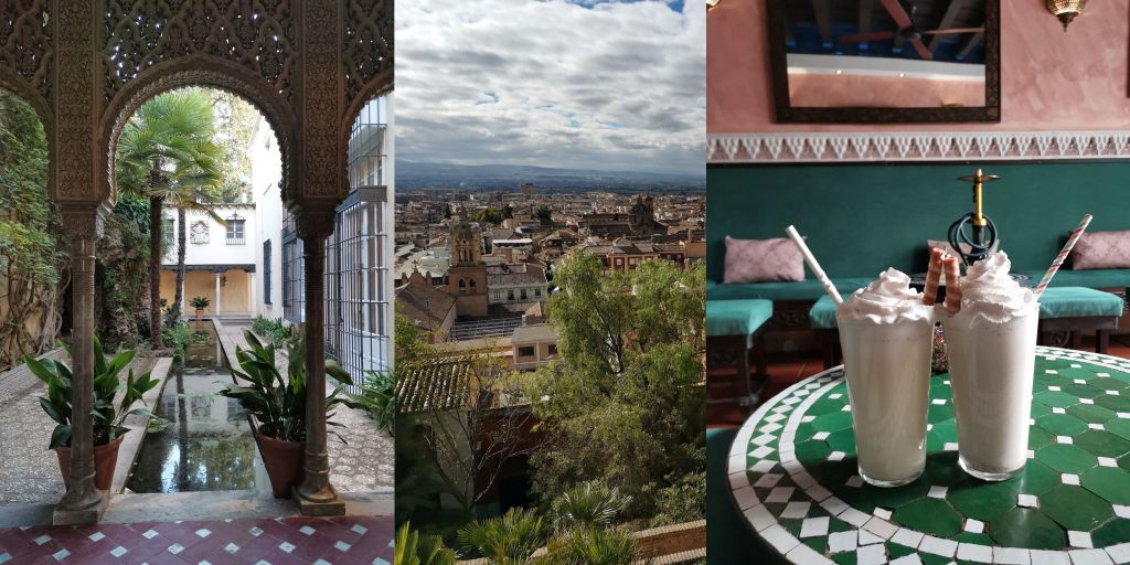 A day in Granada, Spain: Carmen de los Mártires (left), View from Mirador El Ojo de Granada (middle) and drinks at Tetería La Oriental (right)