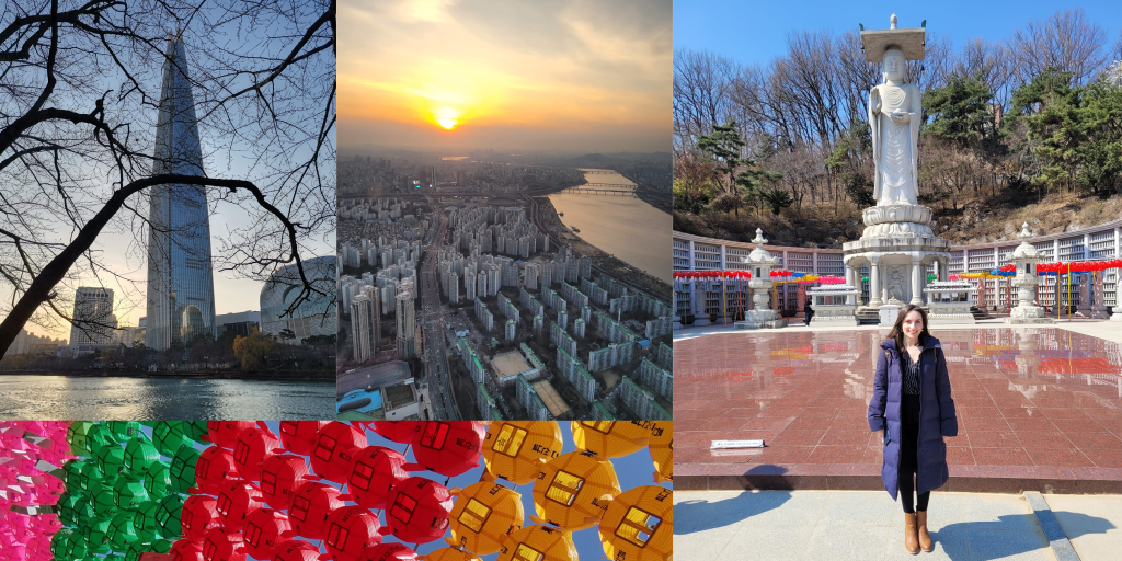 Seoul, South Korea: Lotte Tower and view from Lotte Tower at sunset (top left) and Bongeunsa Temple (bottom left and right)