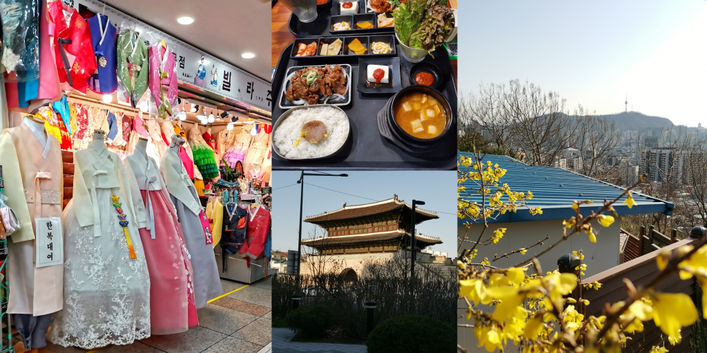 Seoul, South Korea: Dongdaemun Underground Shopping Center (left), Bulgogi at Restaurant Minari in Haedong (top middle), Heunginjimun Gate (bottom middle) and view from the top of Ihwa Mural Village (right)
